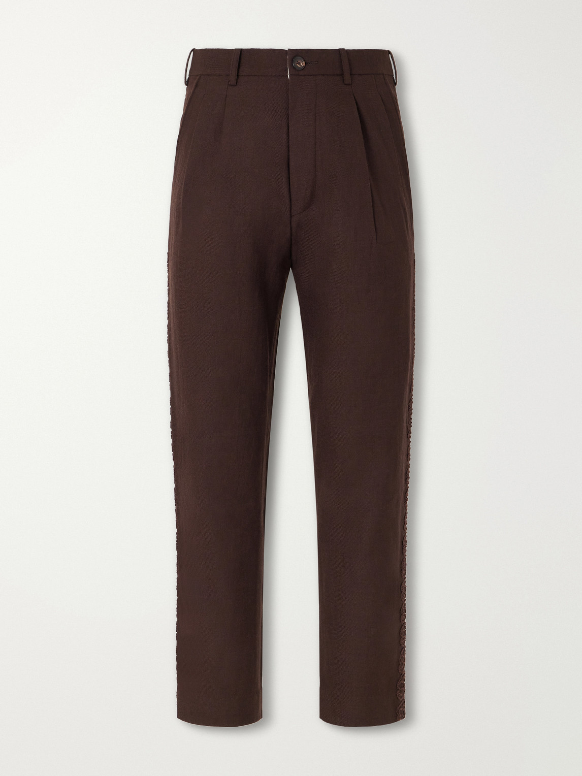 Straight-Leg Pleated Embroidered Wool-Twill Trousers