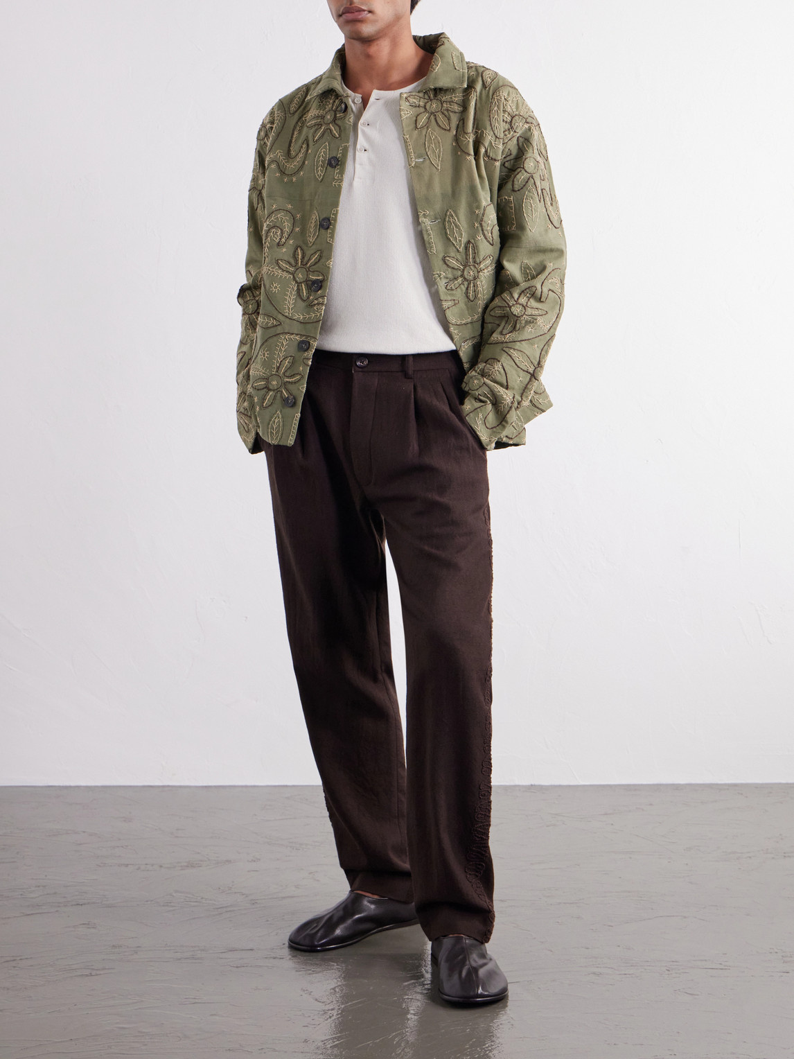 Straight-Leg Pleated Embroidered Wool-Twill Trousers