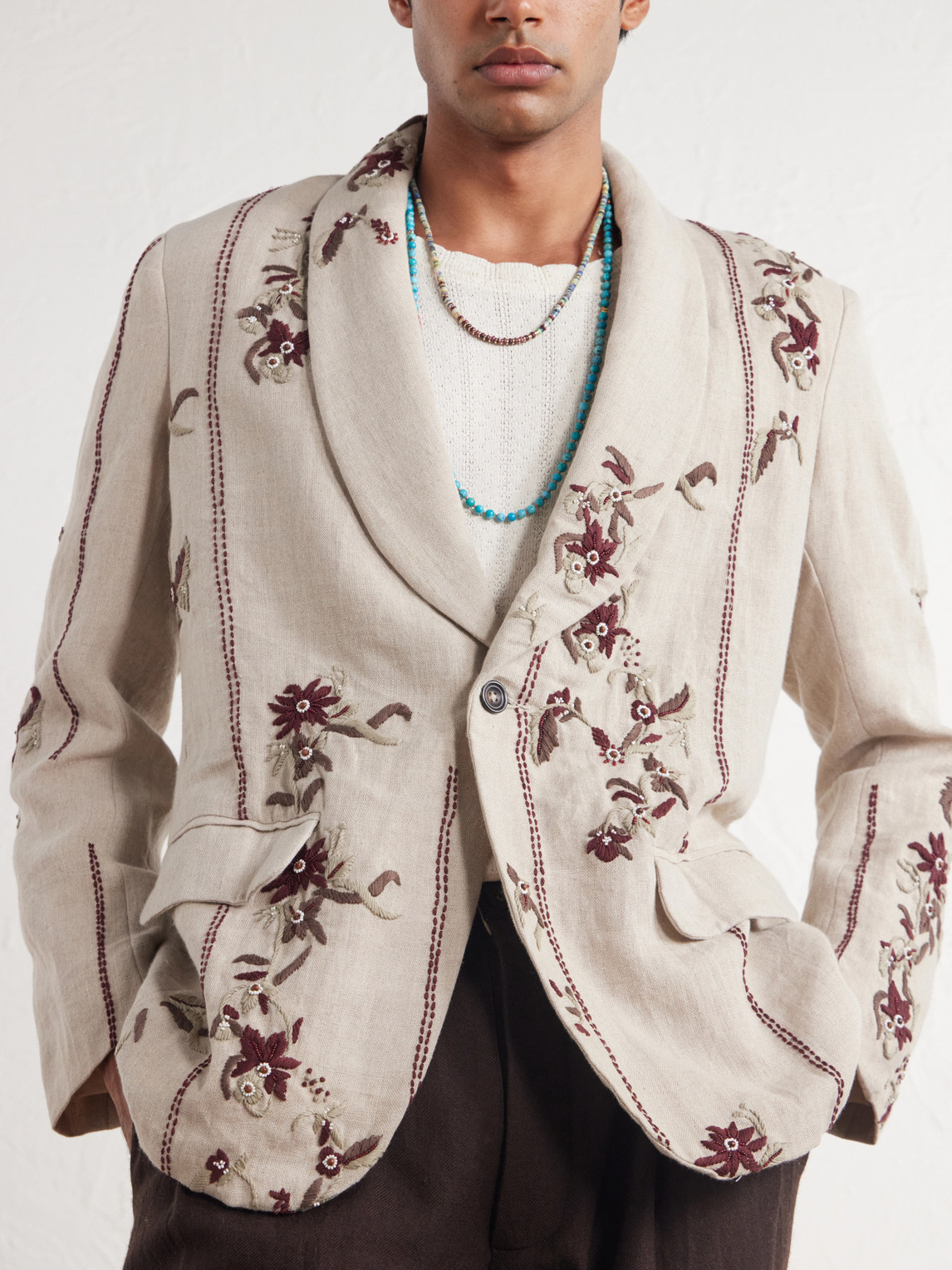 Bead-Embellished Embroidered Shawl-Collar Blazer