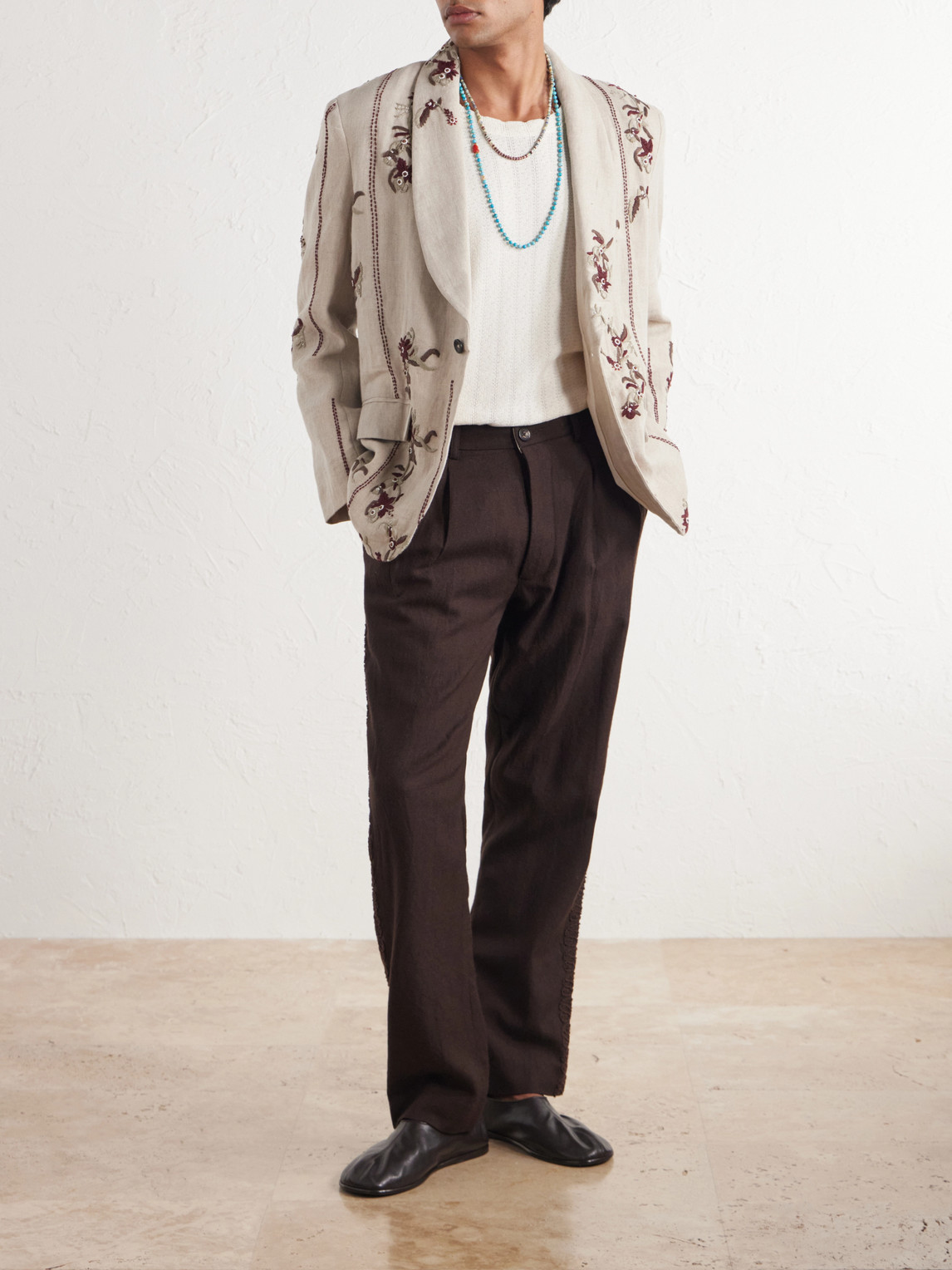 Bead-Embellished Embroidered Shawl-Collar Blazer
