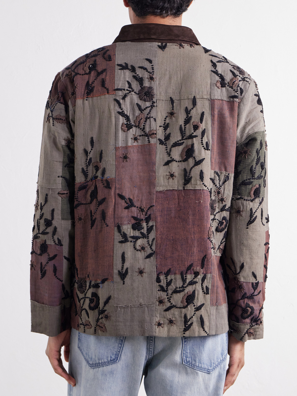 Embroidered Patchwork Suede-Trimmed Cotton Chore Jacket