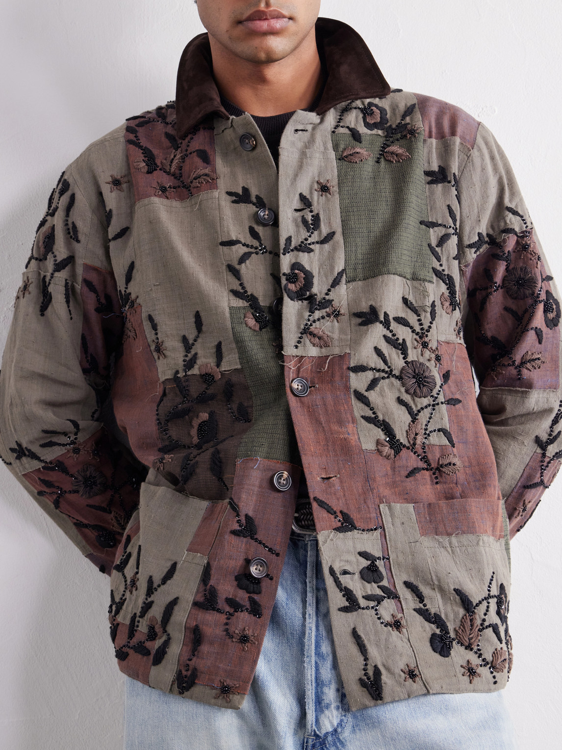 Embroidered Patchwork Suede-Trimmed Cotton Chore Jacket