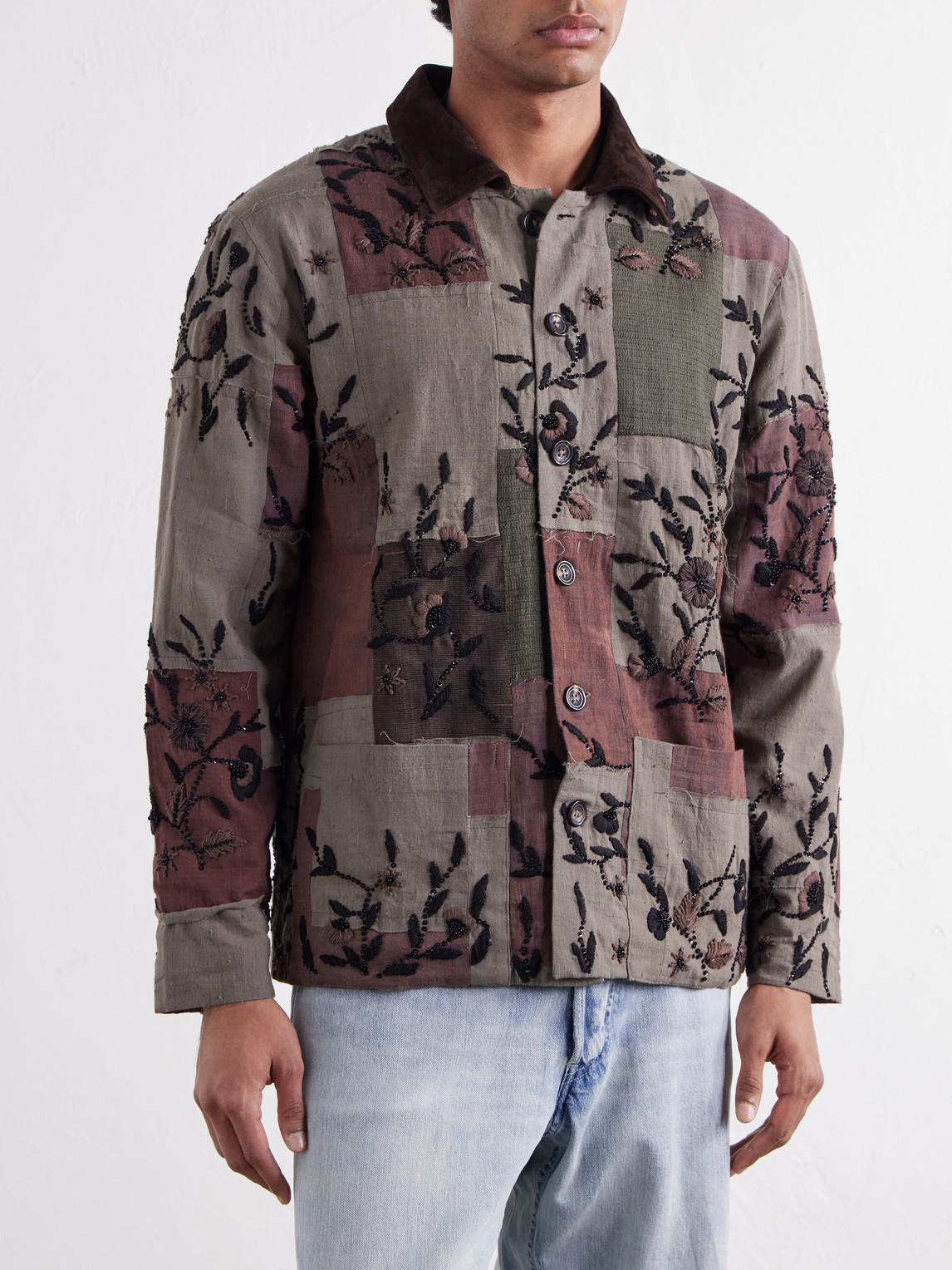 Embroidered Patchwork Suede-Trimmed Cotton Chore Jacket