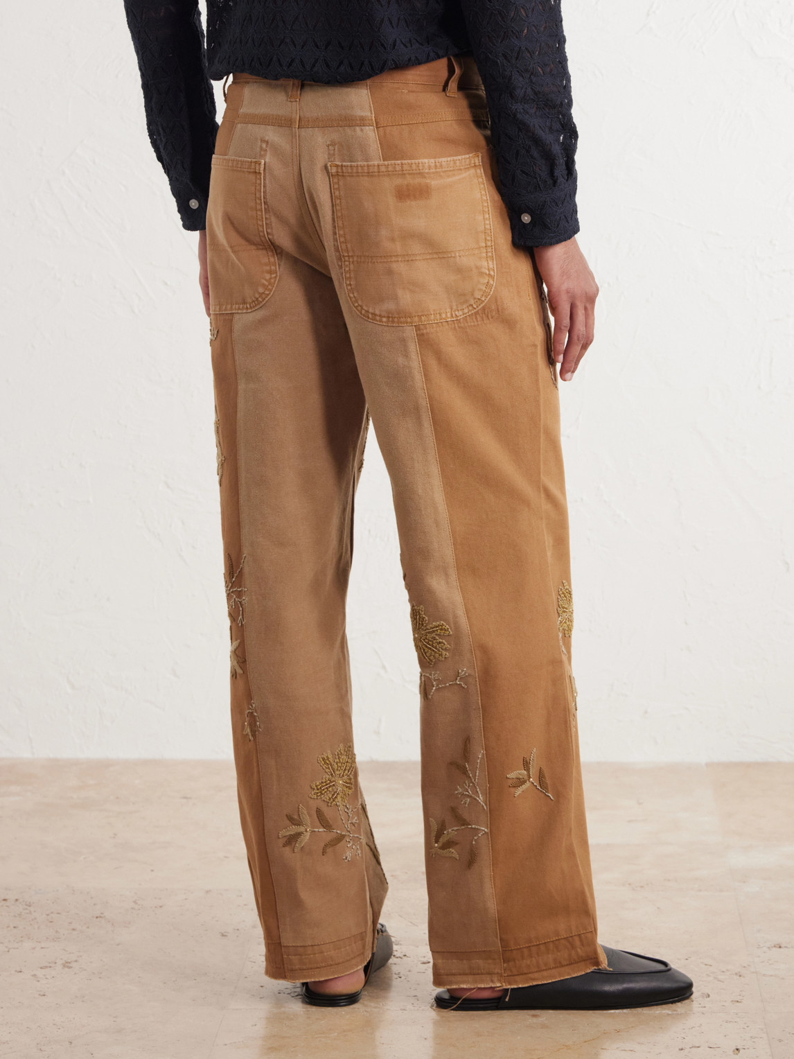 Zardozi Bead-Embellished Embroidered Panelled Cotton-Canvas Trousers