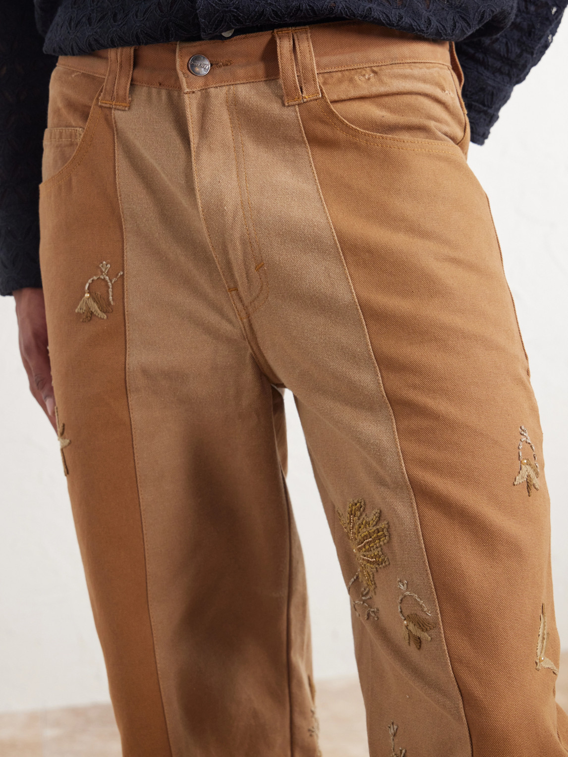 Zardozi Bead-Embellished Embroidered Panelled Cotton-Canvas Trousers