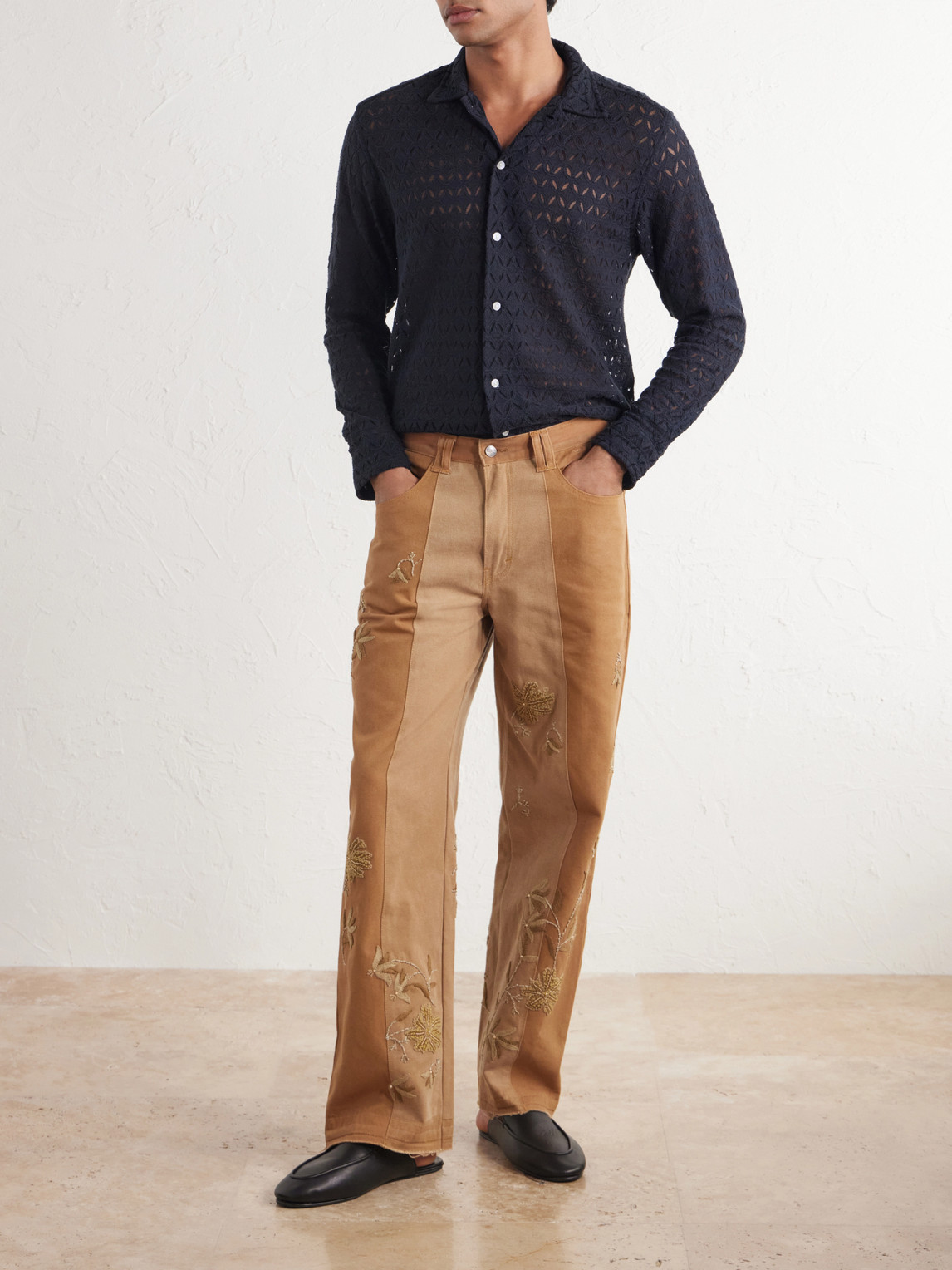 Zardozi Bead-Embellished Embroidered Panelled Cotton-Canvas Trousers