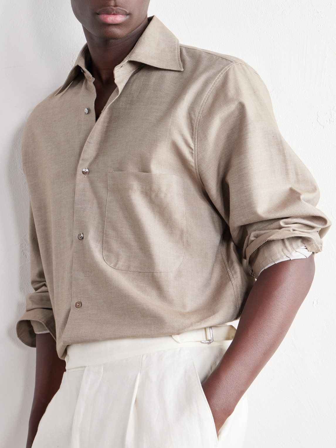 Stòffa - Spread-Collar Brushed Cotton Woven Shirt