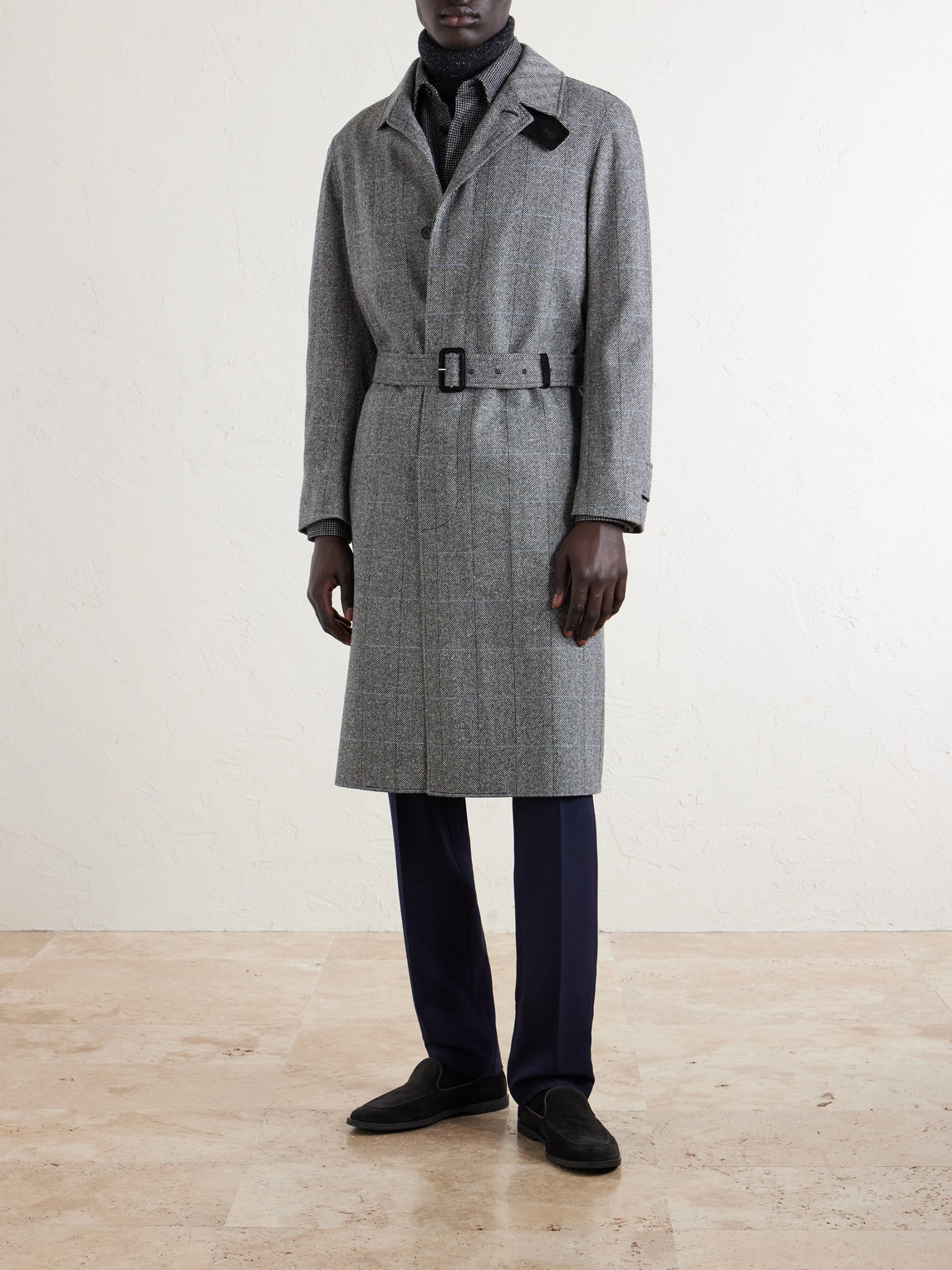 Belted Herringbone Wool Trench Coat