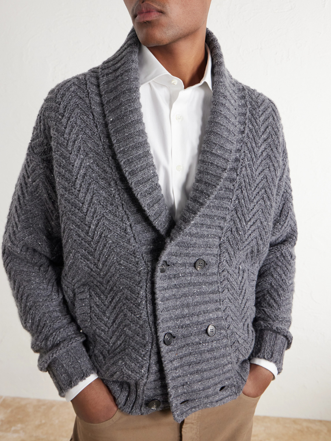 Double-Breasted Chevron-Knit Cashmere Cardigan