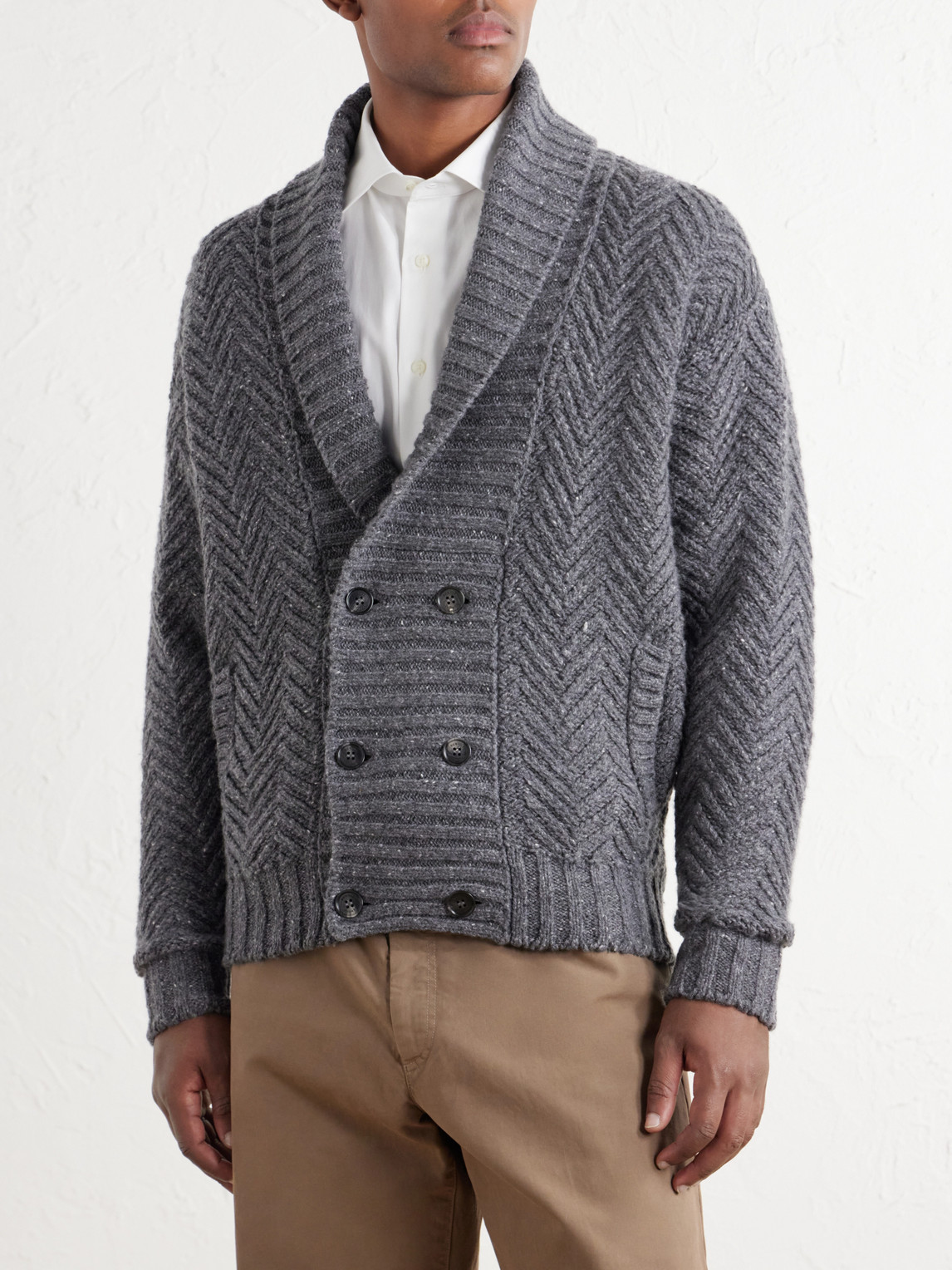 Double-Breasted Chevron-Knit Cashmere Cardigan