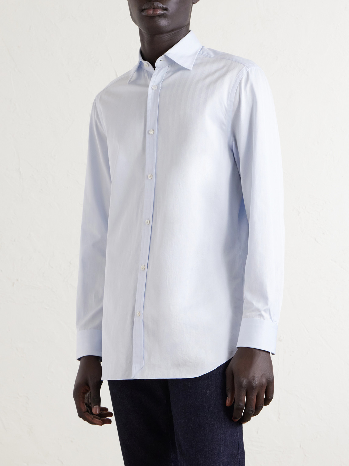 Cutaway-Collar Herringbone Cotton Shirt