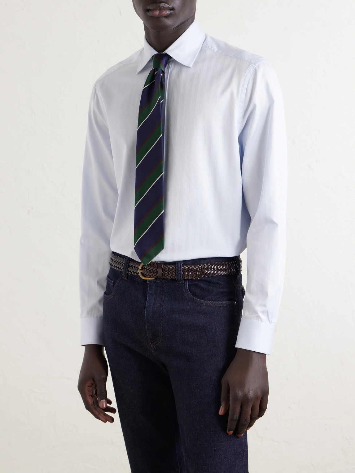 Cutaway-Collar Herringbone Cotton Shirt