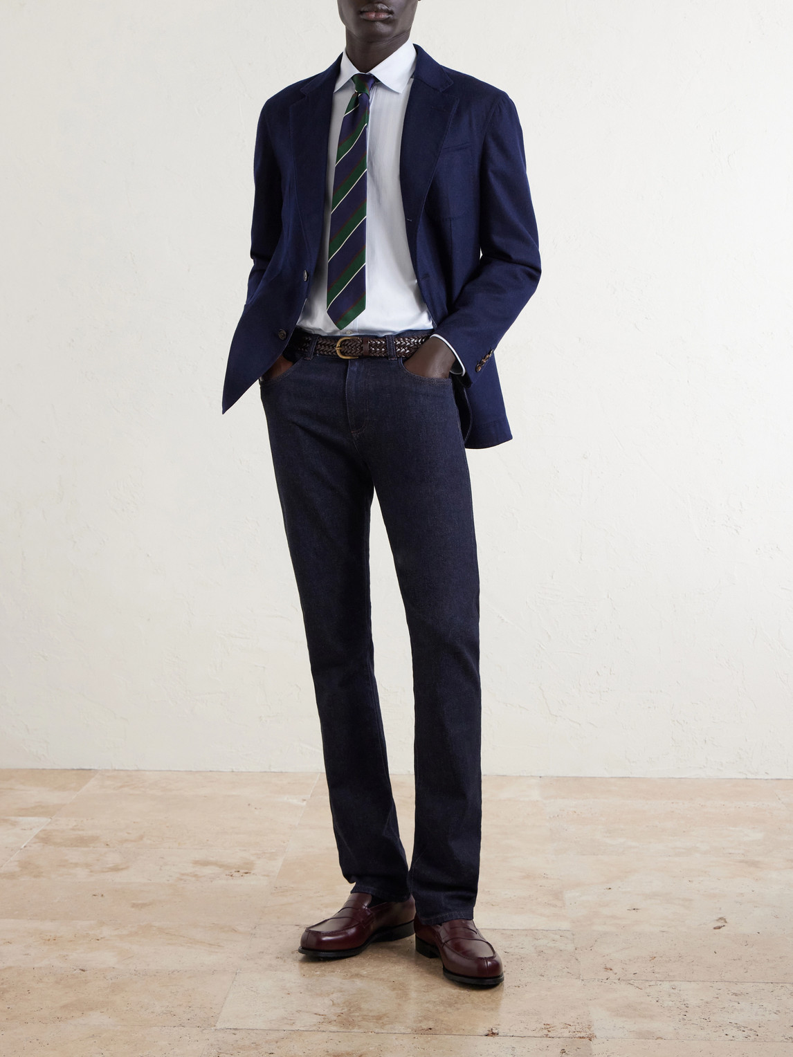 Cutaway-Collar Herringbone Cotton Shirt