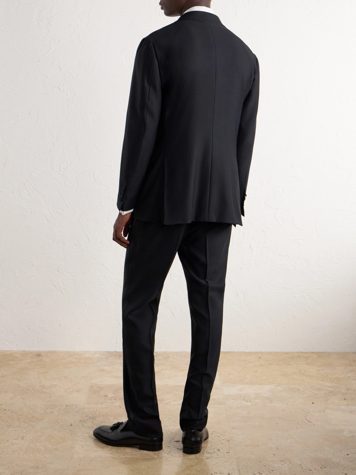Double-Breasted Satin-Trimmed Wool-Fresco Suit Jacket