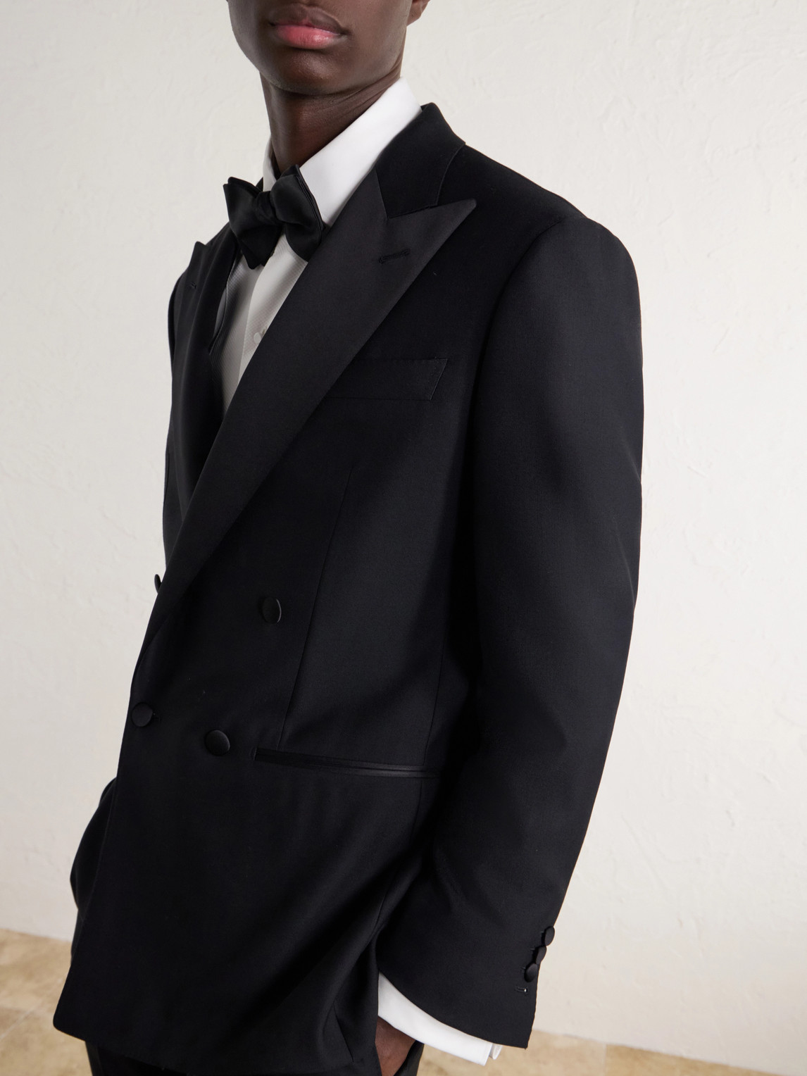 Double-Breasted Satin-Trimmed Wool-Fresco Suit Jacket