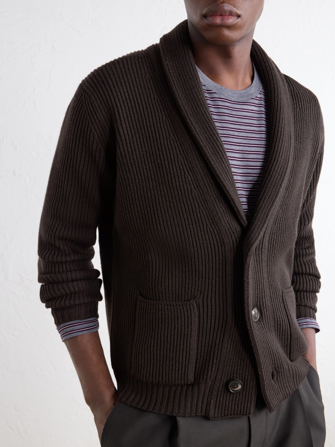 Shawl-Collar Ribbed Merino Cardigan