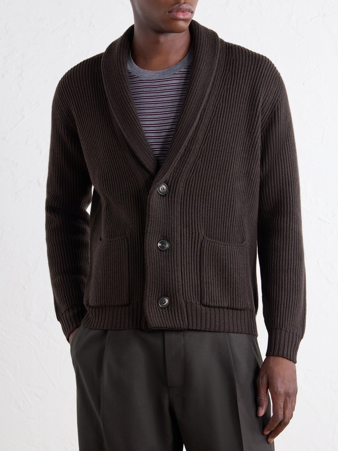 Shawl-Collar Ribbed Merino Cardigan