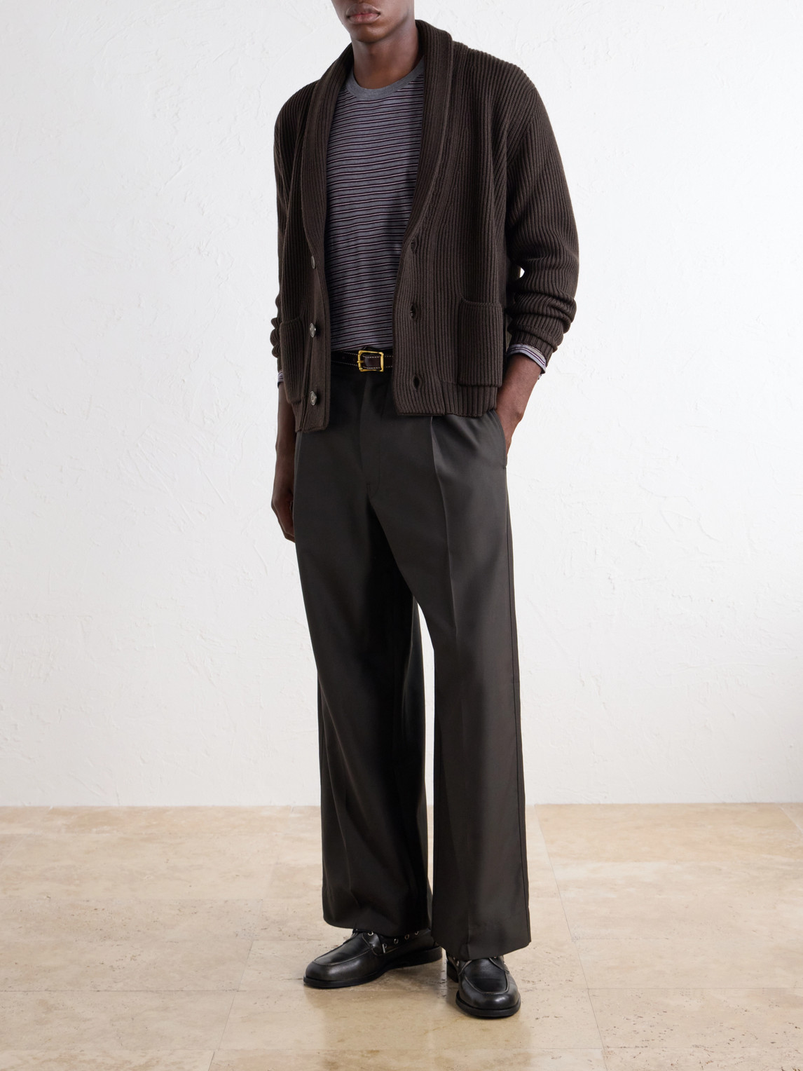 Shawl-Collar Ribbed Merino Cardigan