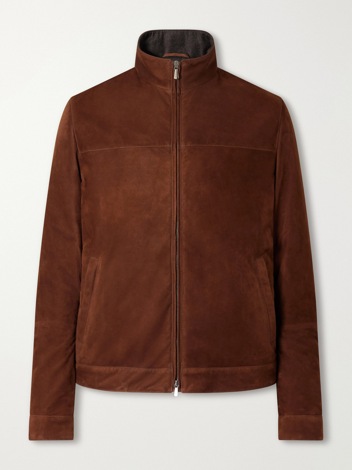 Thom Sweeney Suede Mock-neck Bomber Jacket In Brown