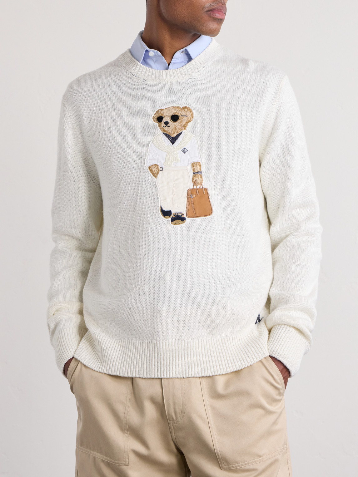  Ralph Lauren Purple Label - Polo Bear Logo-appliquéd Leather-trimmed Knitted Silk And Linen-blend Sweater - Men - Neutrals - S 