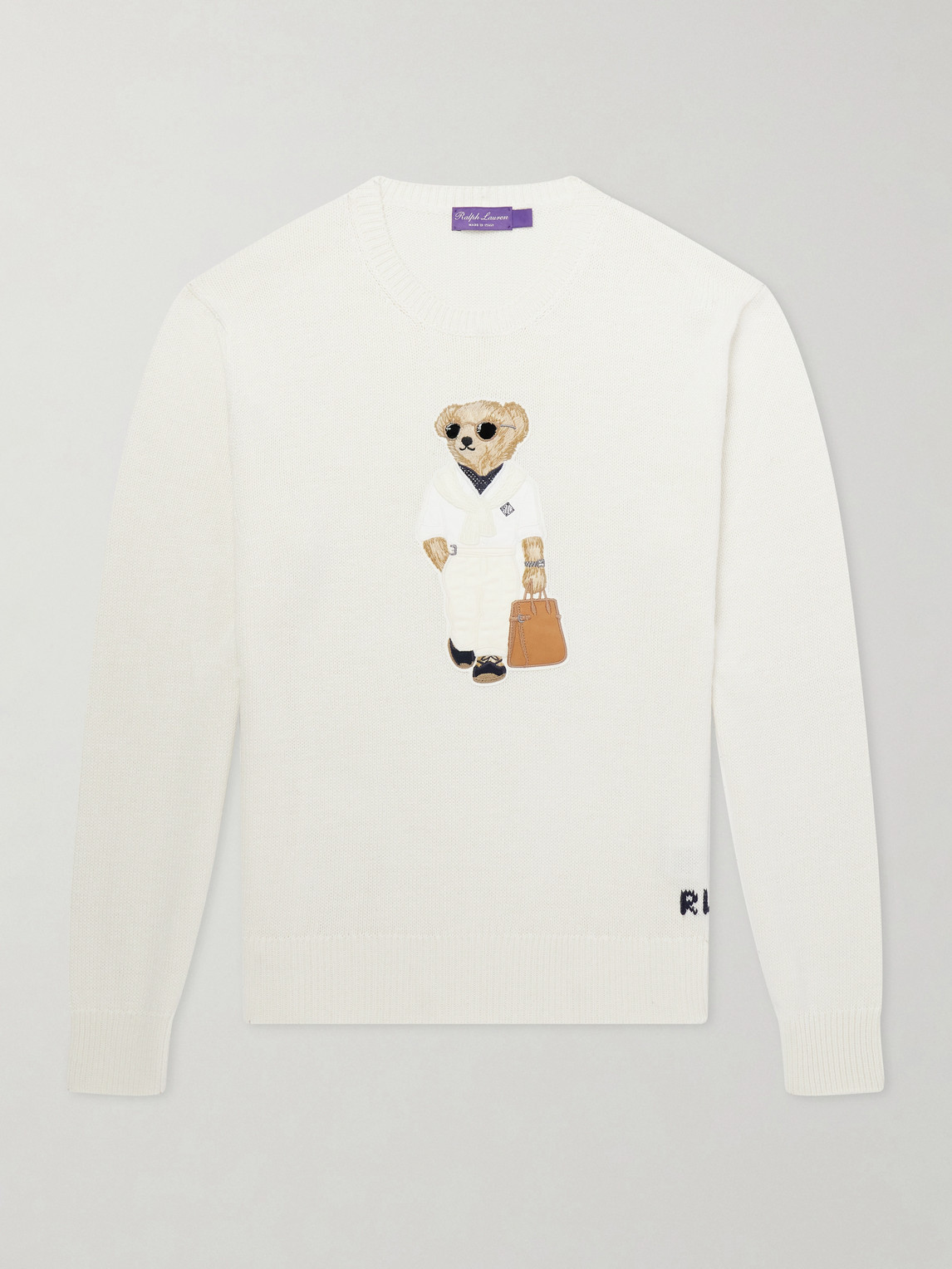 Ralph Lauren Purple Label Polo Bear Logo-Appliquéd Leather-Trimmed Knitted Silk and Linen-Blend Sweater - Men