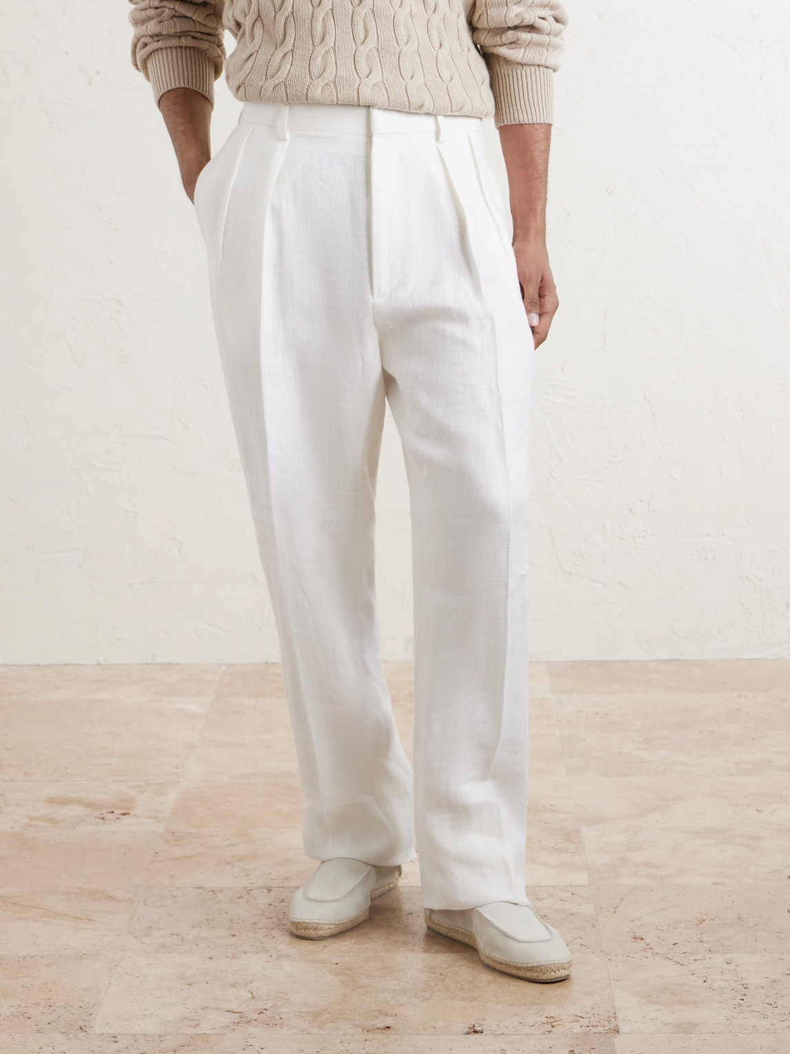  Ralph Lauren Purple Label - Straight-leg Pleated Herringbone Linen Trousers - Men - White - Uk/us 36 