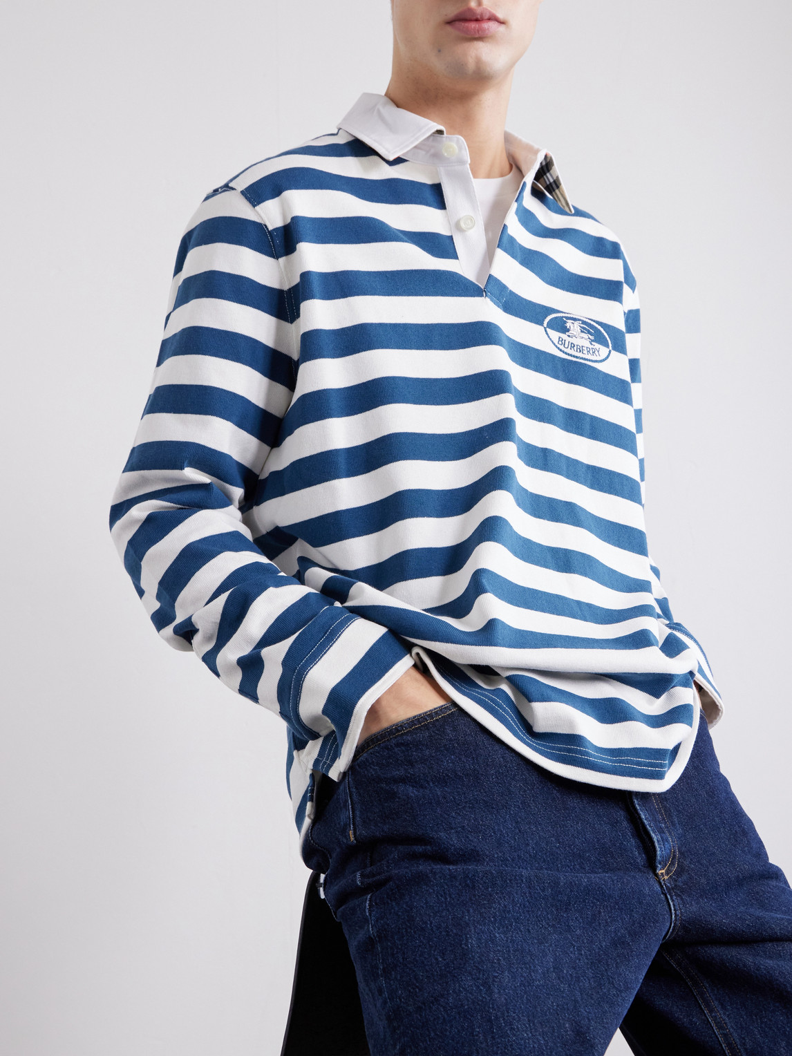 Logo-Embroidered Striped Cotton Polo Sweater