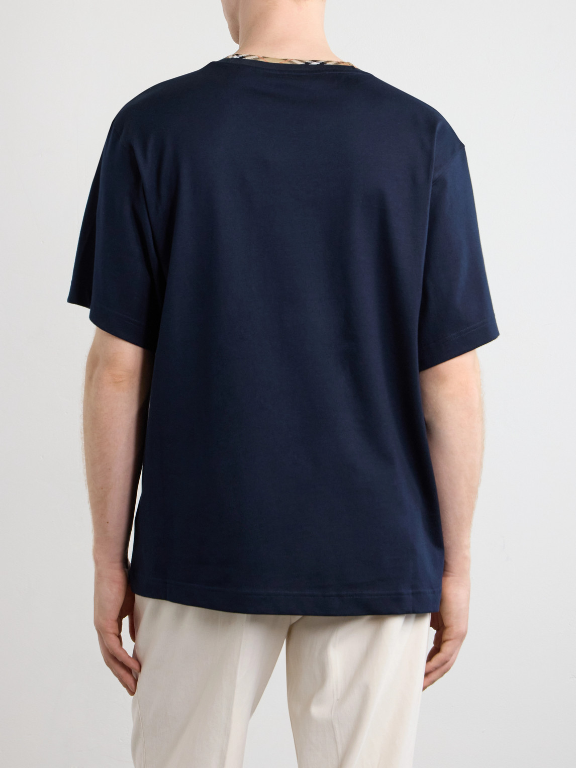Burberry Cotton Logo T-shirt With Checkered Trim And Chest Pocket In Blue