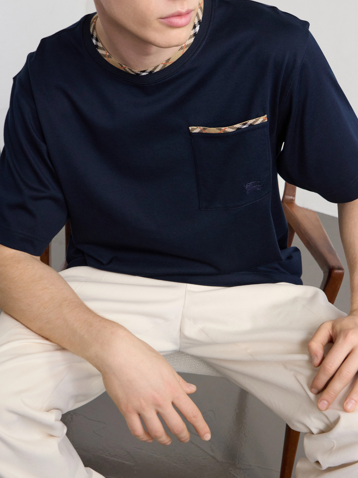 Burberry Cotton Logo T-shirt With Checkered Trim And Chest Pocket In Blue