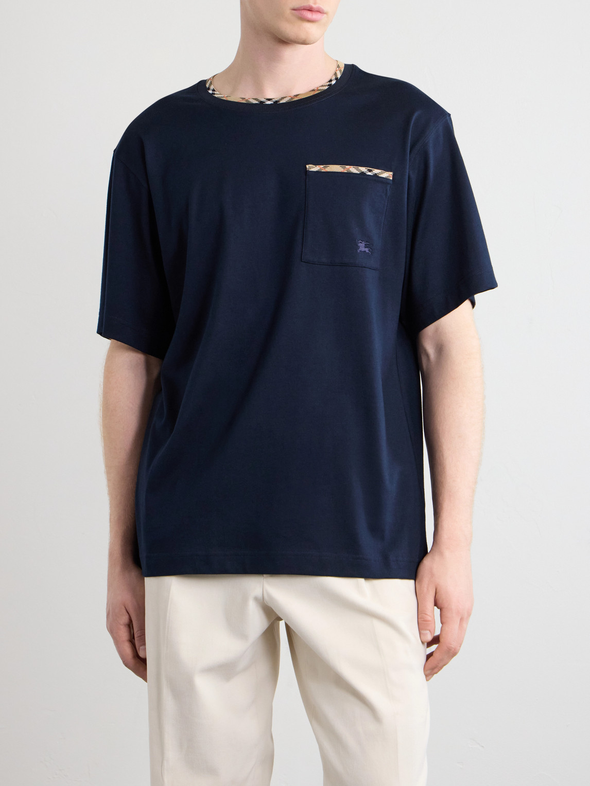 Burberry Cotton Logo T-shirt With Checkered Trim And Chest Pocket In Blue