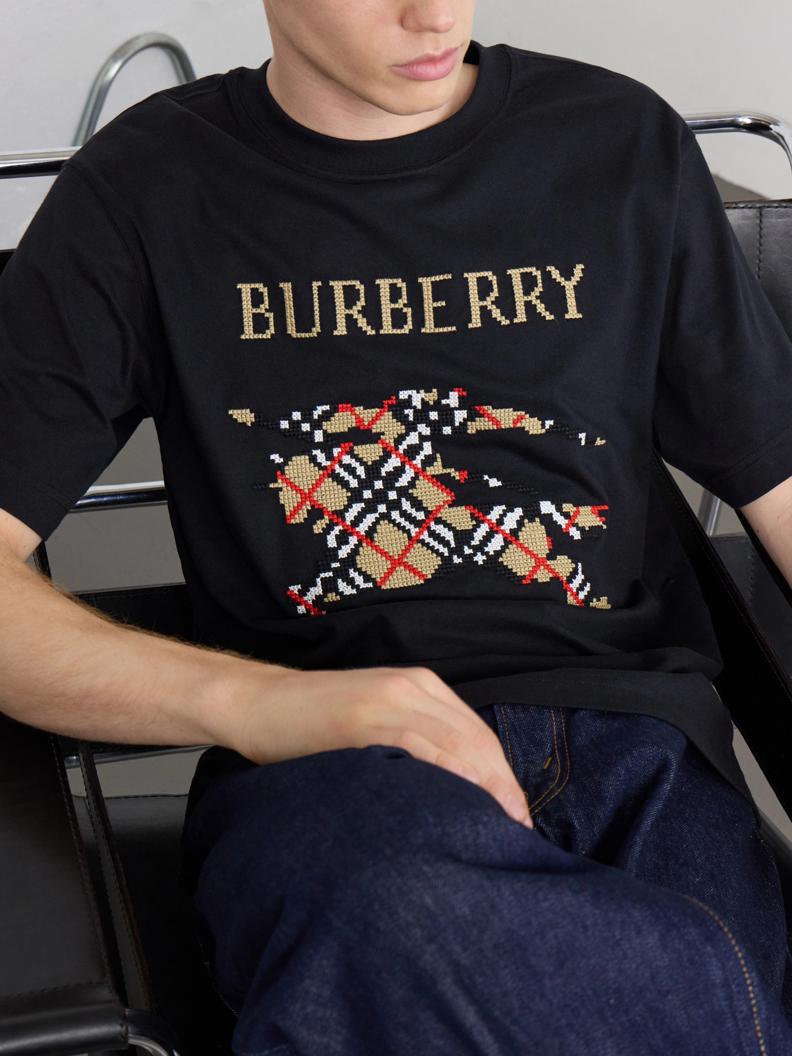 Burberry Logo-embroidered Cotton-jersey T-shirt In Black