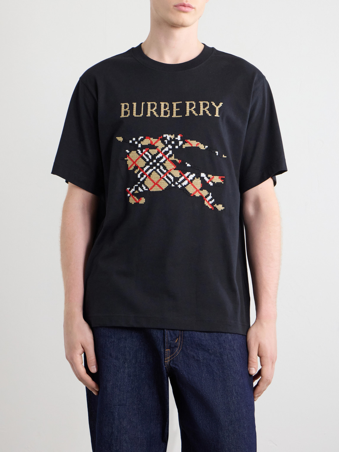 Burberry Logo-embroidered Cotton-jersey T-shirt In Black