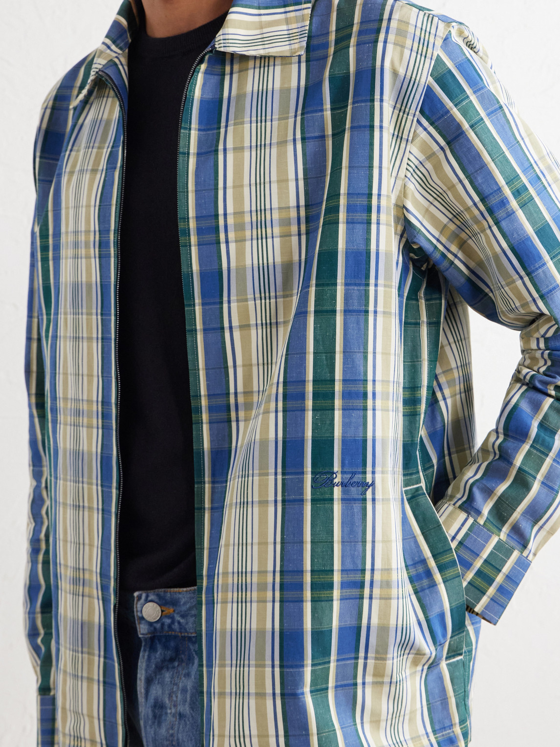 Logo-Embroidered Checked Cotton And Linen-Blend Jacket