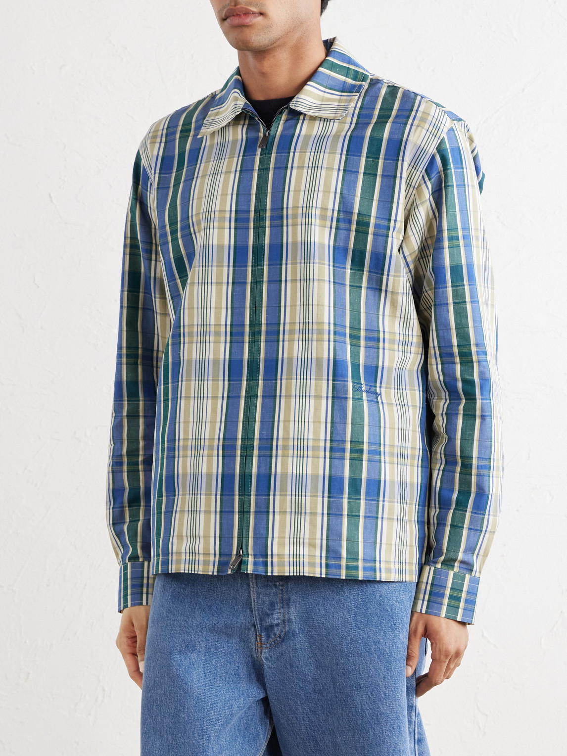 Logo-Embroidered Checked Cotton And Linen-Blend Jacket