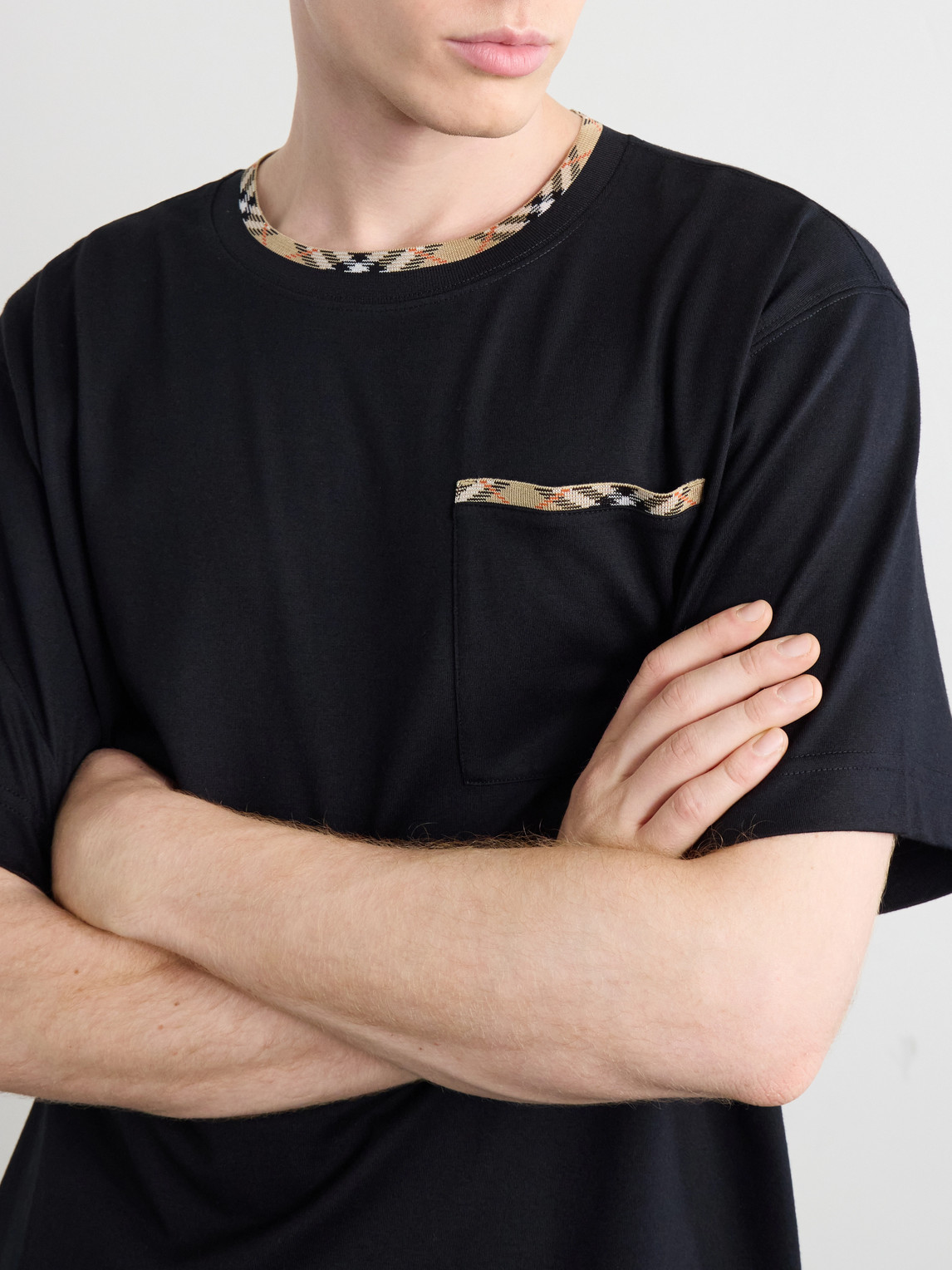 Burberry Cotton Logo T-shirt With Checkered Trim And Chest Pocket In Black