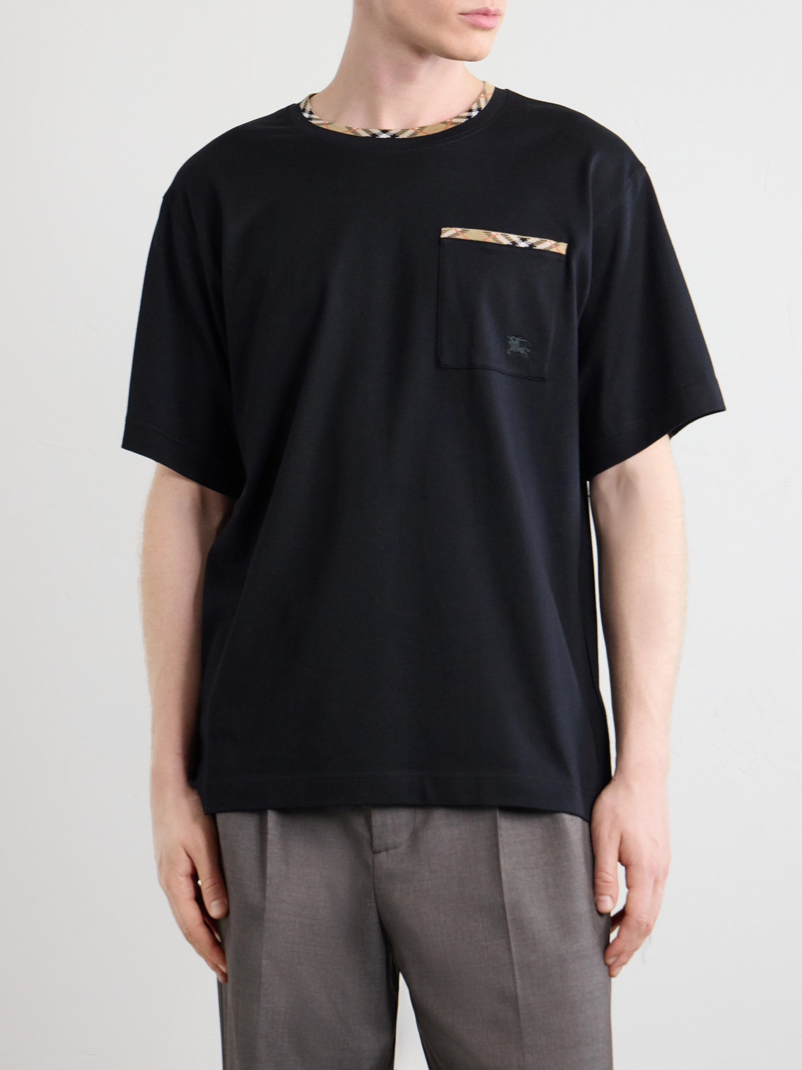 Burberry Cotton Logo T-shirt With Checkered Trim And Chest Pocket In Black