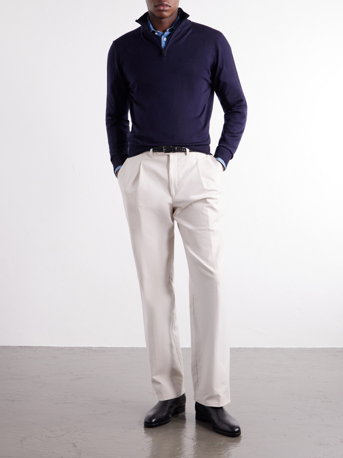 Rib-Trimmed Wool Half-Zip Sweater