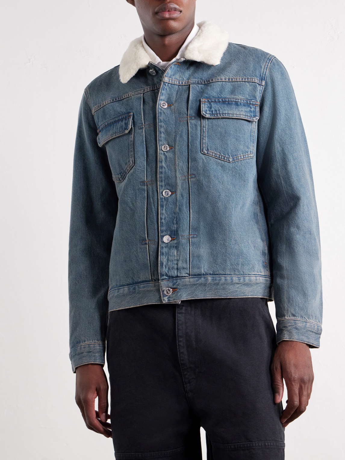 A.P.C. - Justin Pleated Wool-Trimmed Denim Jacket