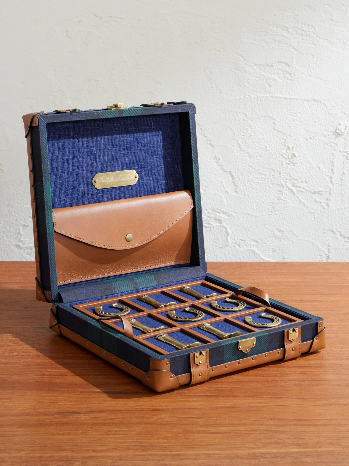 Sawyer Leather-Trimmed Checked Canvas Tic-Tac-Toe Set