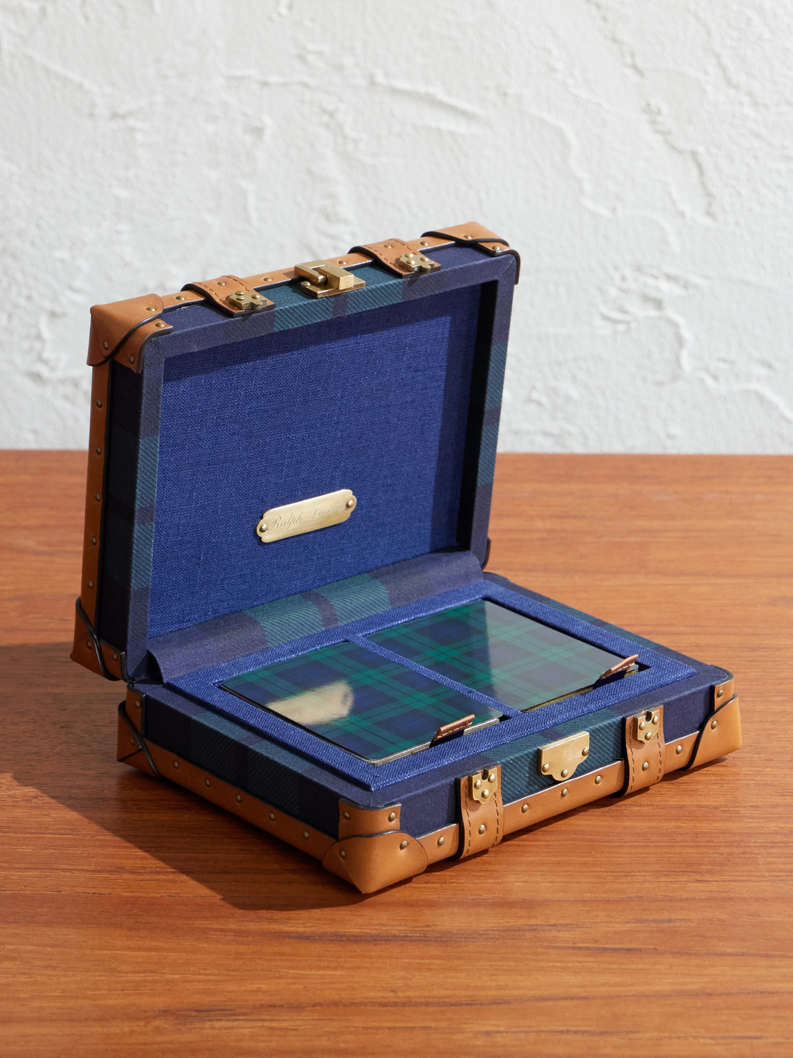 Sawyer Leather-Trimmed Checked Canvas Card Set