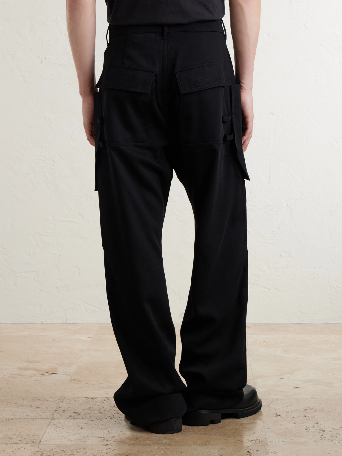 Rick Owens Stefan Flared Grain De Poudre Wool Cargo Trousers In Black
