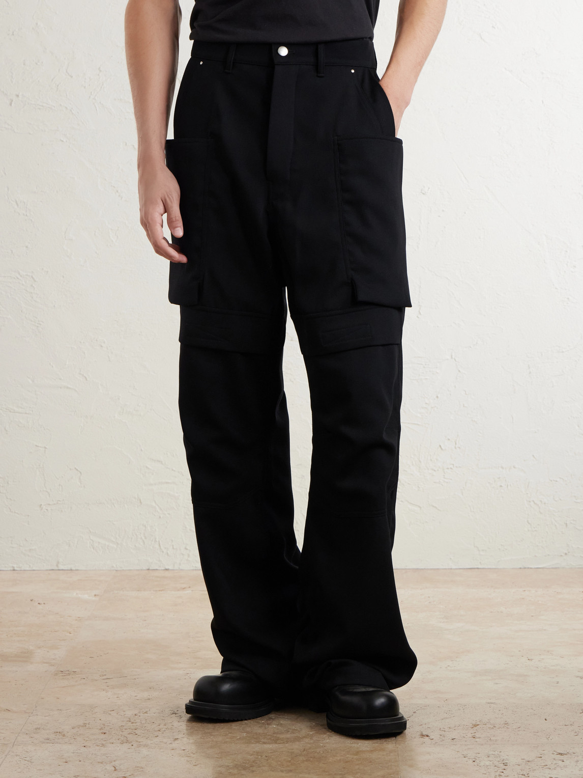 Rick Owens Stefan Flared Grain De Poudre Wool Cargo Trousers In Black