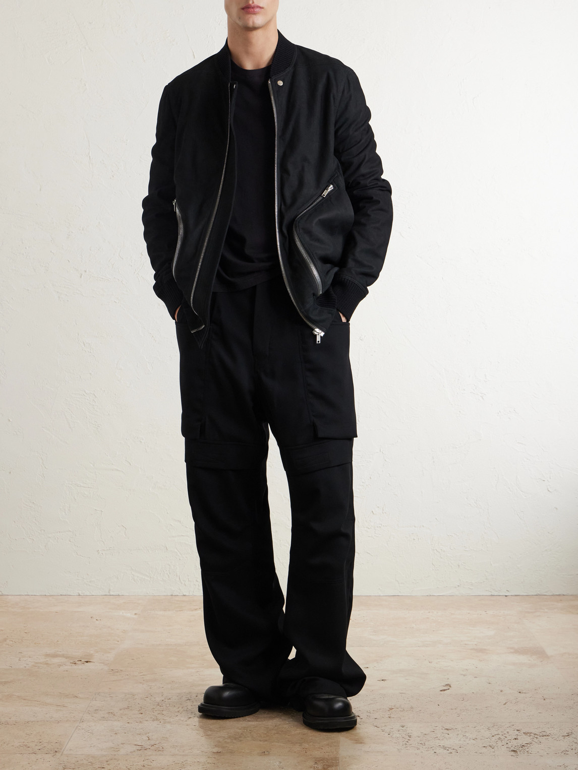 Rick Owens Stefan Flared Grain De Poudre Wool Cargo Trousers In Black