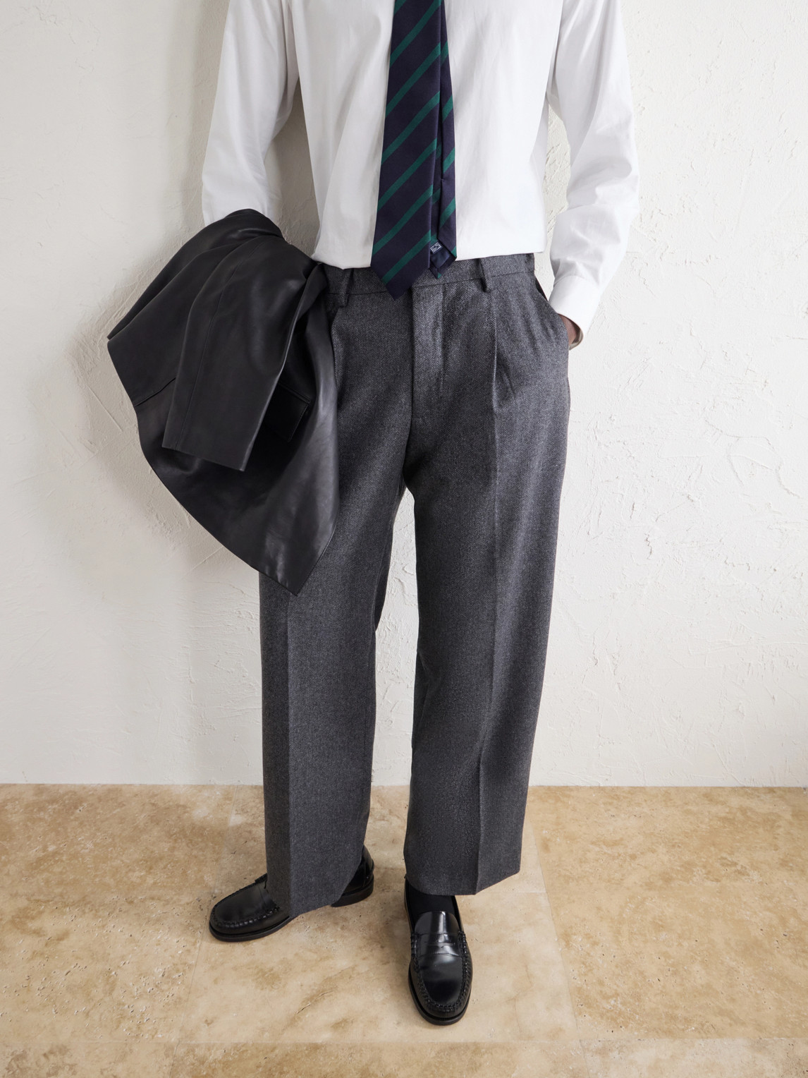 Kay 10073 Straight-Leg Pleated Herringbone Wool