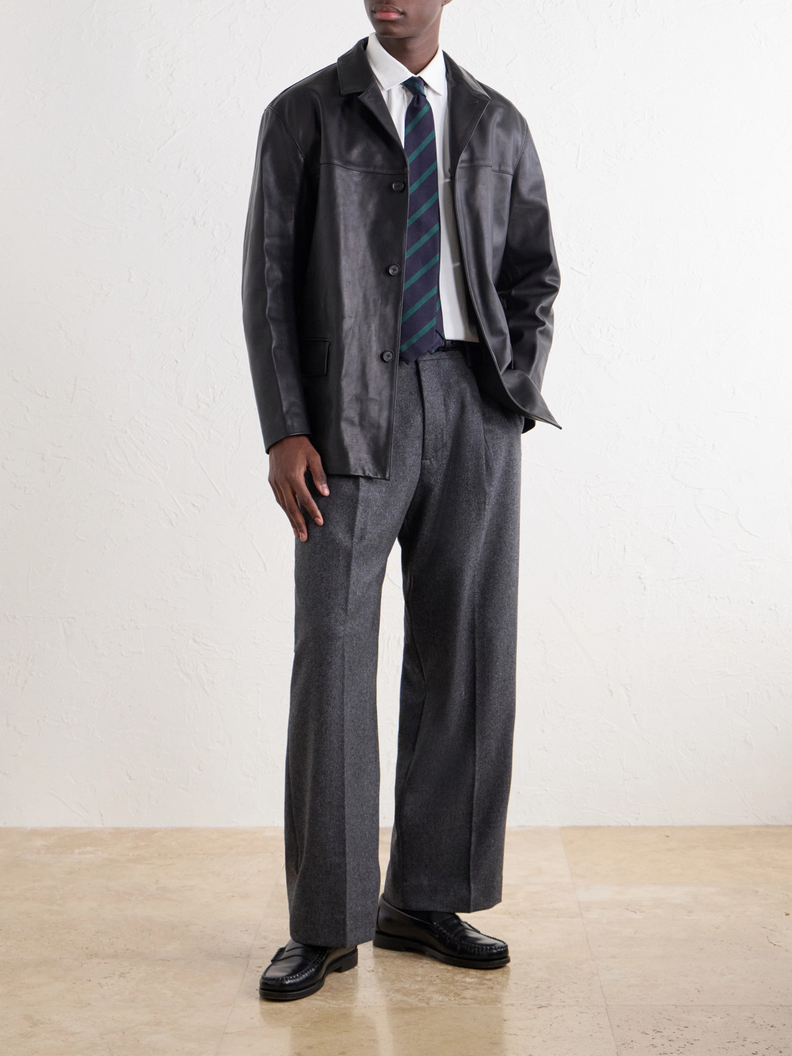 Kay 10073 Straight-Leg Pleated Herringbone Wool