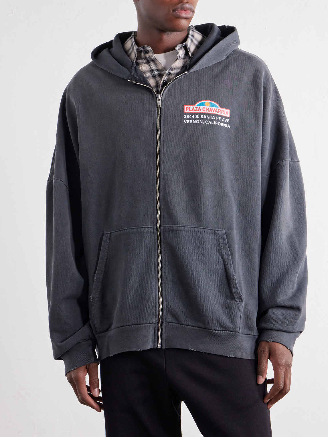 Plaza Chavarria Logo-Print Distressed Cotton-Jersey Zip-Up Hoodie