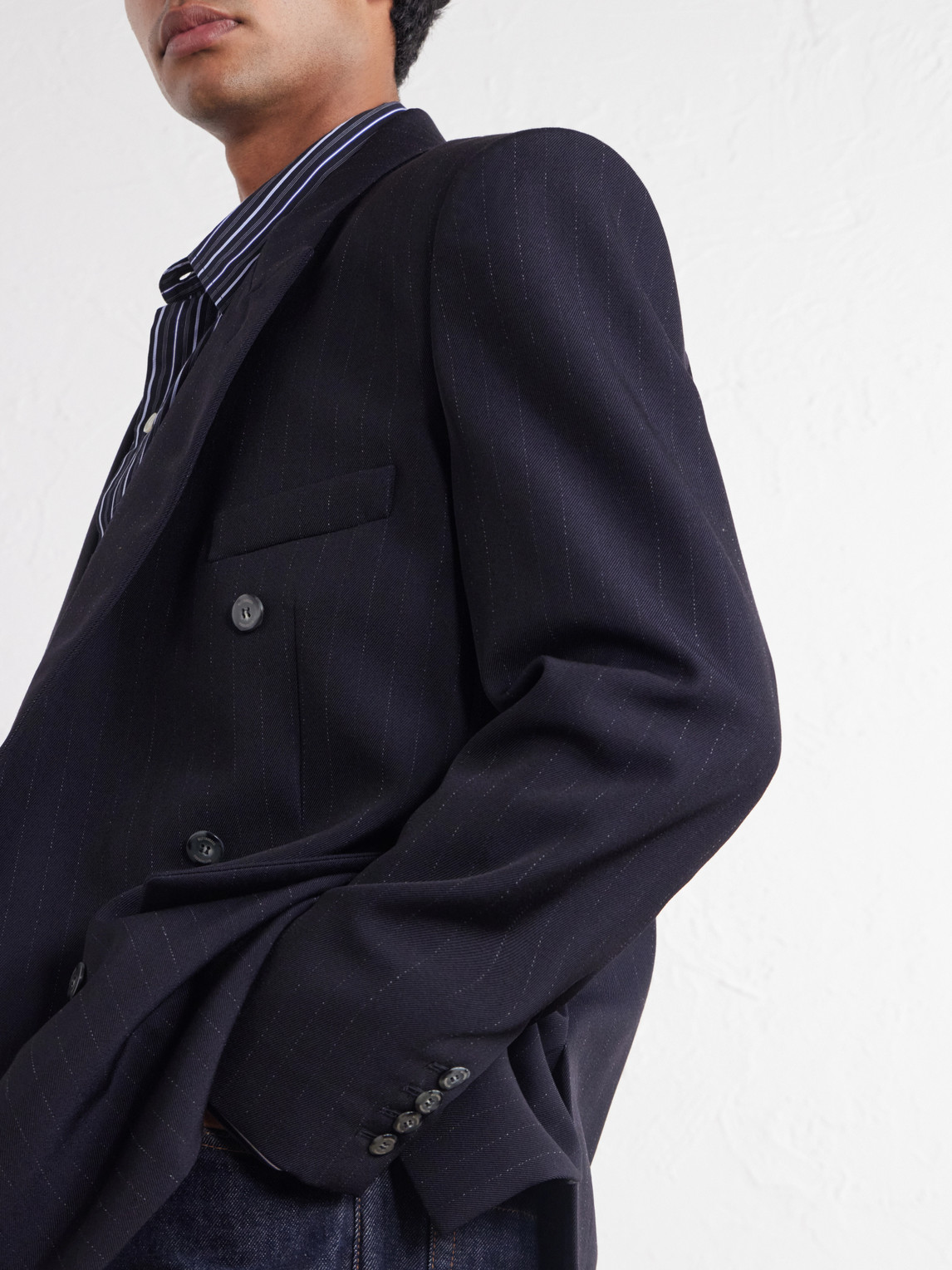 Manuel Double-Breasted Pinstriped Virgin Blazer