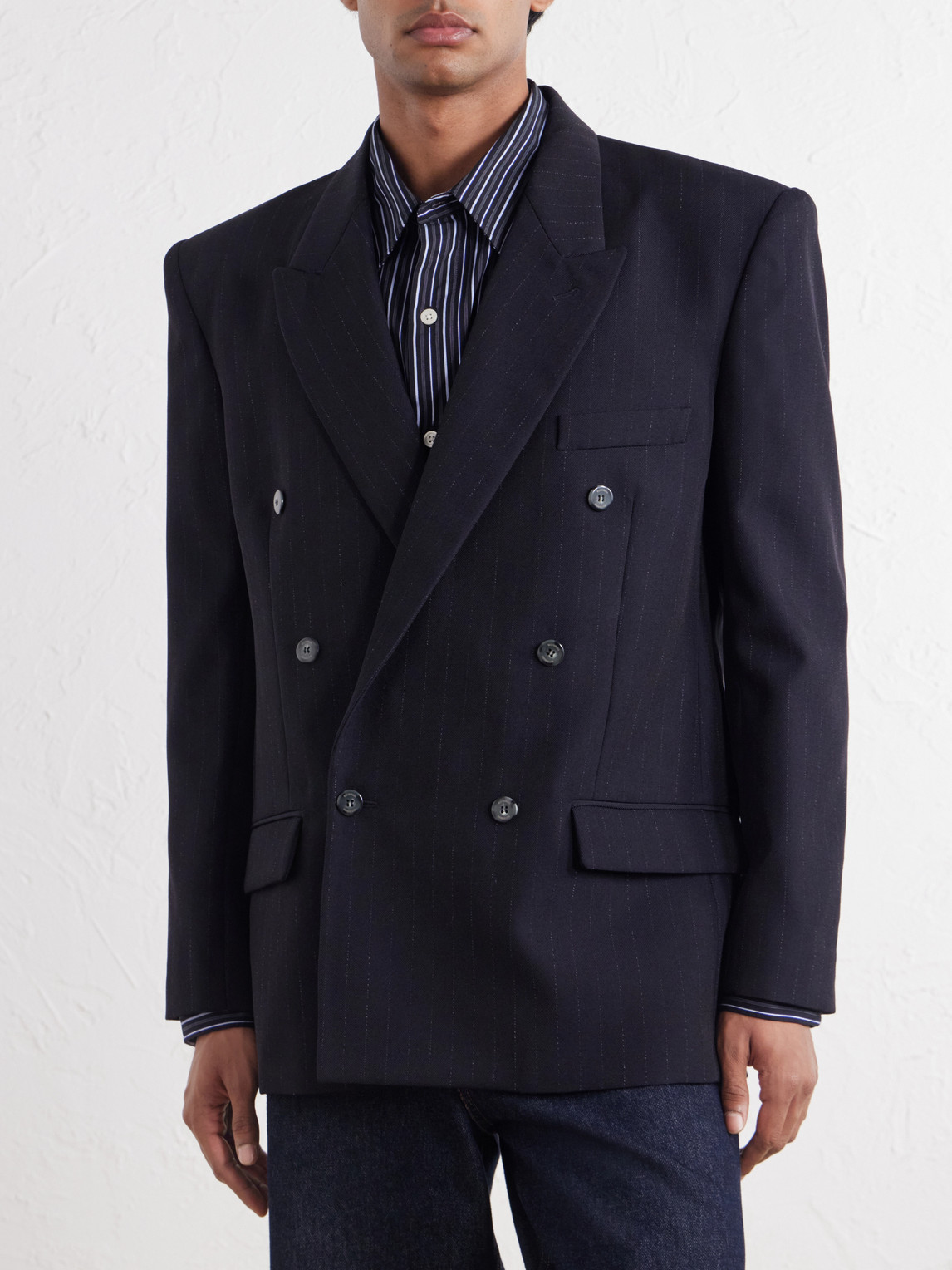 Manuel Double-Breasted Pinstriped Virgin Blazer