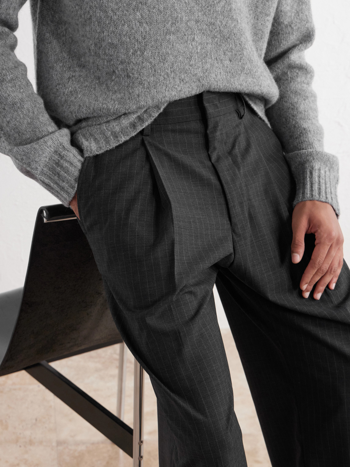Kay 10037 Straight-Leg Pleated Pinstriped Woven Trousers
