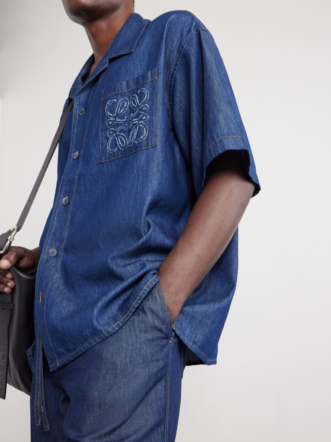 Camp-Collar Anagram-Detail Denim Shirt